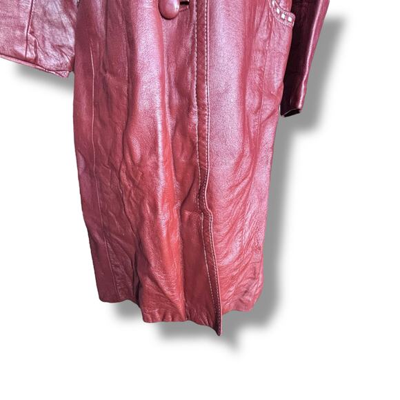 Vintage 70s Burgundy Leather Longline Trench Coat White Whipstitch Western Ranch - Picture 9 of 16